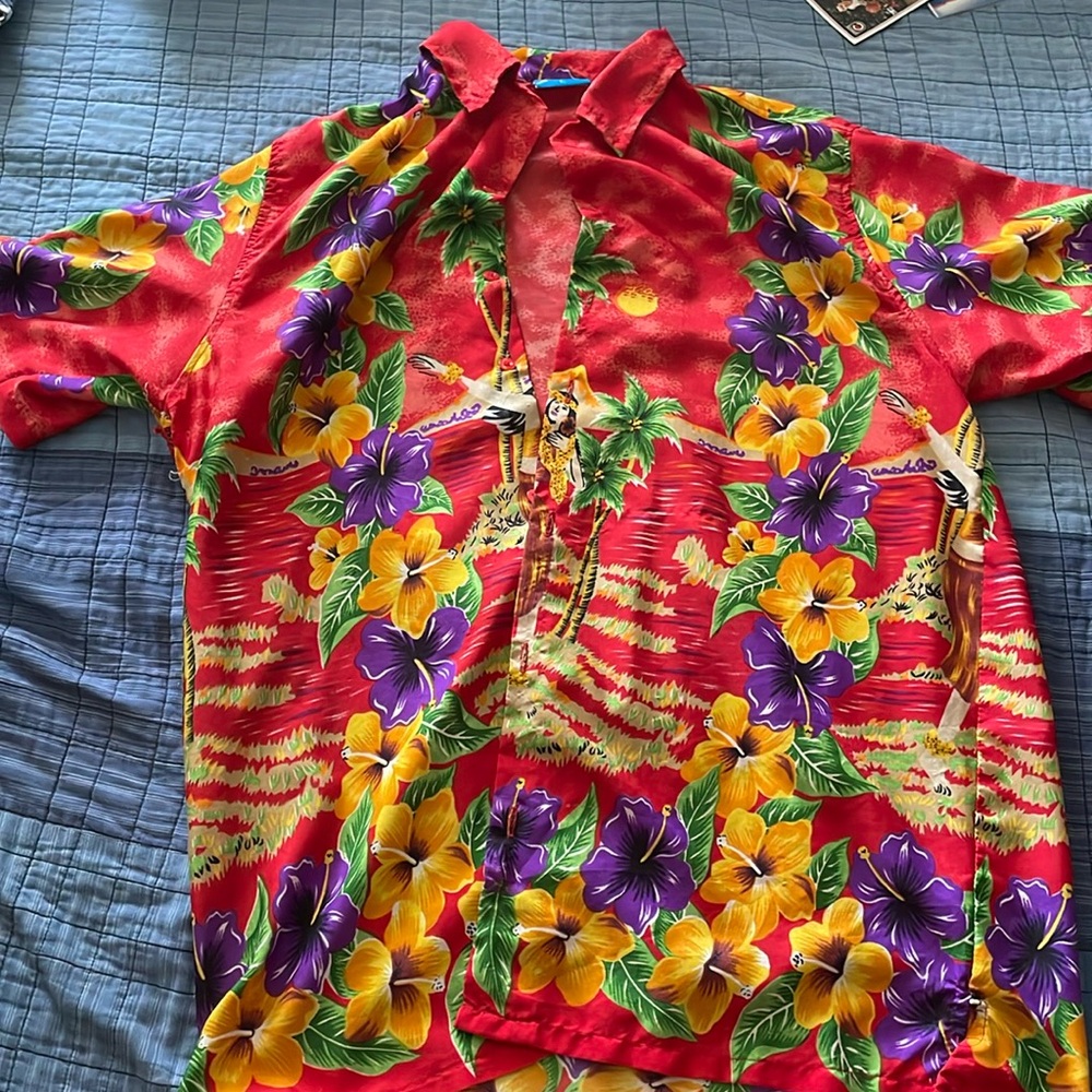 Large Red floral button up vacation t shirt